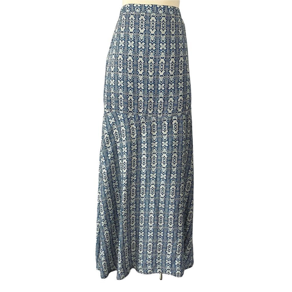 Tolani Navy and White Geometric Tiered Maxi Skirt